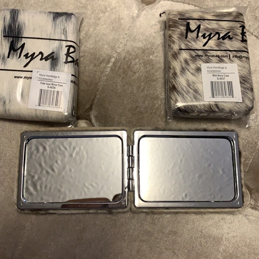 Myra brand hairon covered double sided mirror, one side magnifies, new - Picture 5 of 6